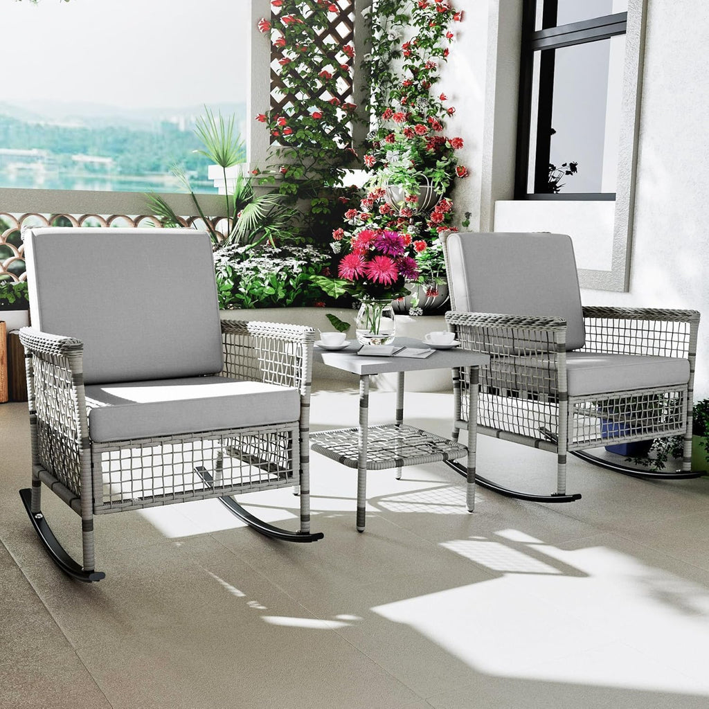 DECMICO 3-Piece Wicker Rocking Chair Set, Patio Bistro Furniture with Cushions & Side Table, Rattan Outdoor Conversation Bistro Set for Outdoor Use, Grey
