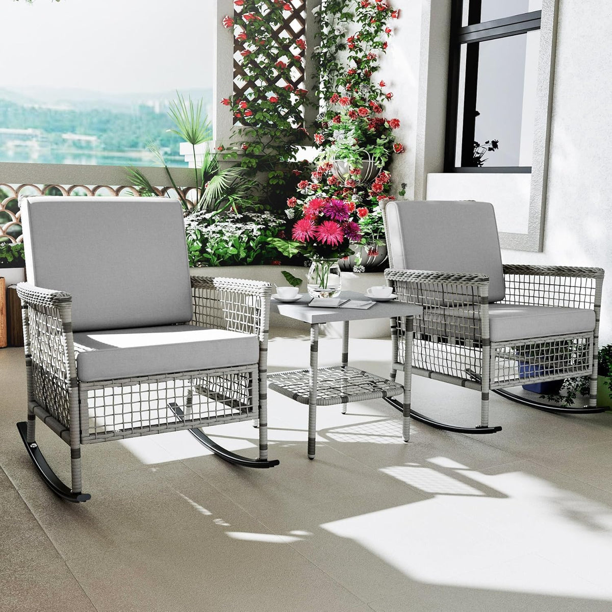 DECMICO 3-Piece Wicker Rocking Chair Set, Patio Bistro Furniture with Cushions & Side Table, Rattan Outdoor Conversation Bistro Set for Outdoor Use, Grey