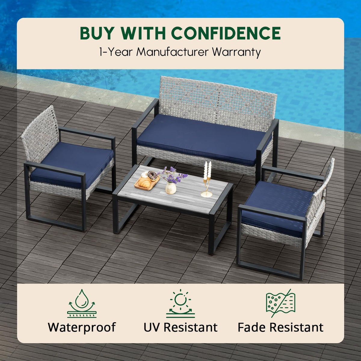 BEEFURNI Wicker Patio Furniture Outdoor Conversation Set of 4, Rattan Outdoor Furniture Set, Acacia Wood Table, 2 Chairs, 1 Loveseat, 2' Cushions, All Weather Set for Patio, Porch, Balcony (Gray)