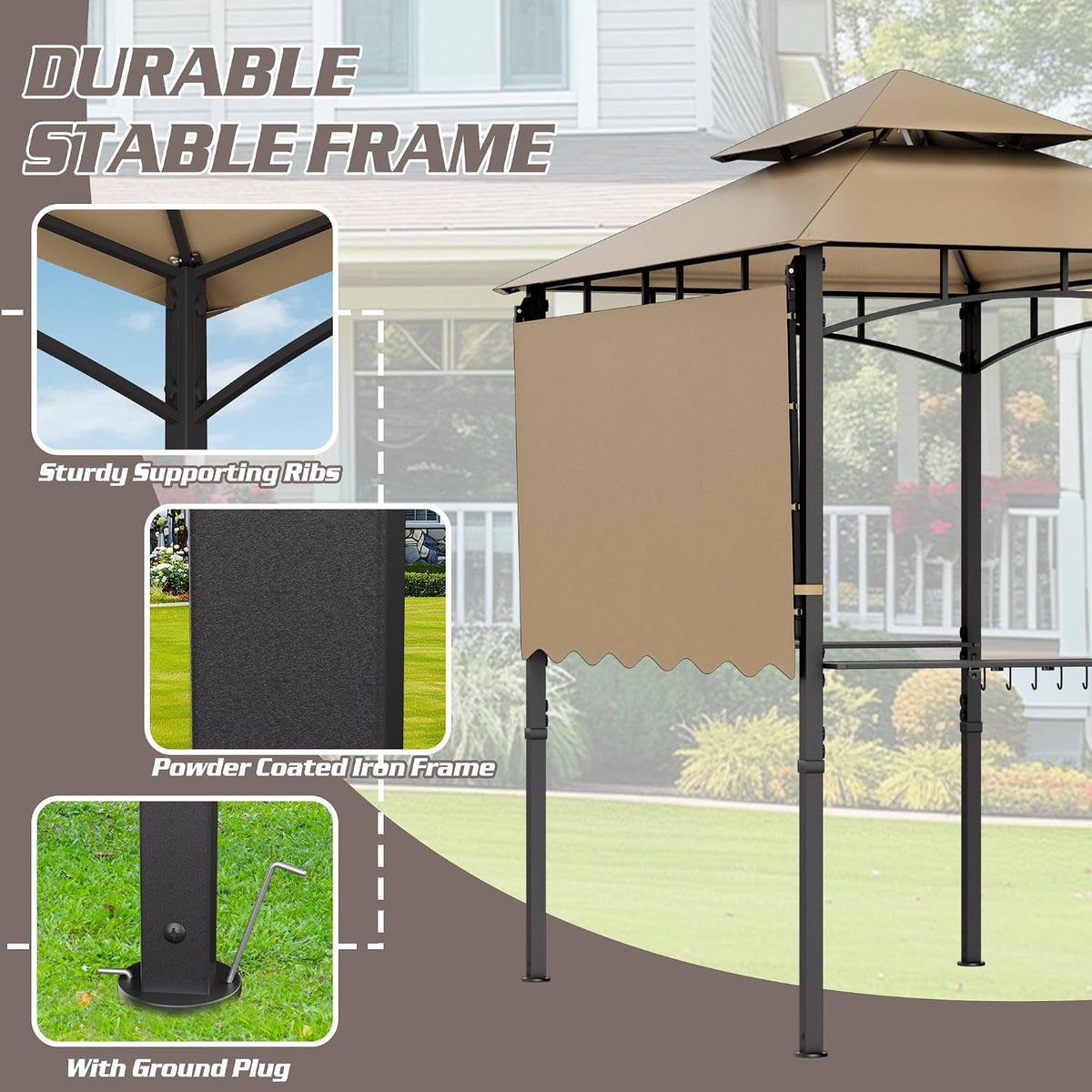 8'X8' Grill Gazebo Canopy - Heavy Duty Steel Frame, Double Tiered Grill Canopy for Outdoor Grill W/Shelves, Ceiling Hooks, Ground Stakes, Patio Canopys Tent BBQ Gazebo Backyard (Kahki)