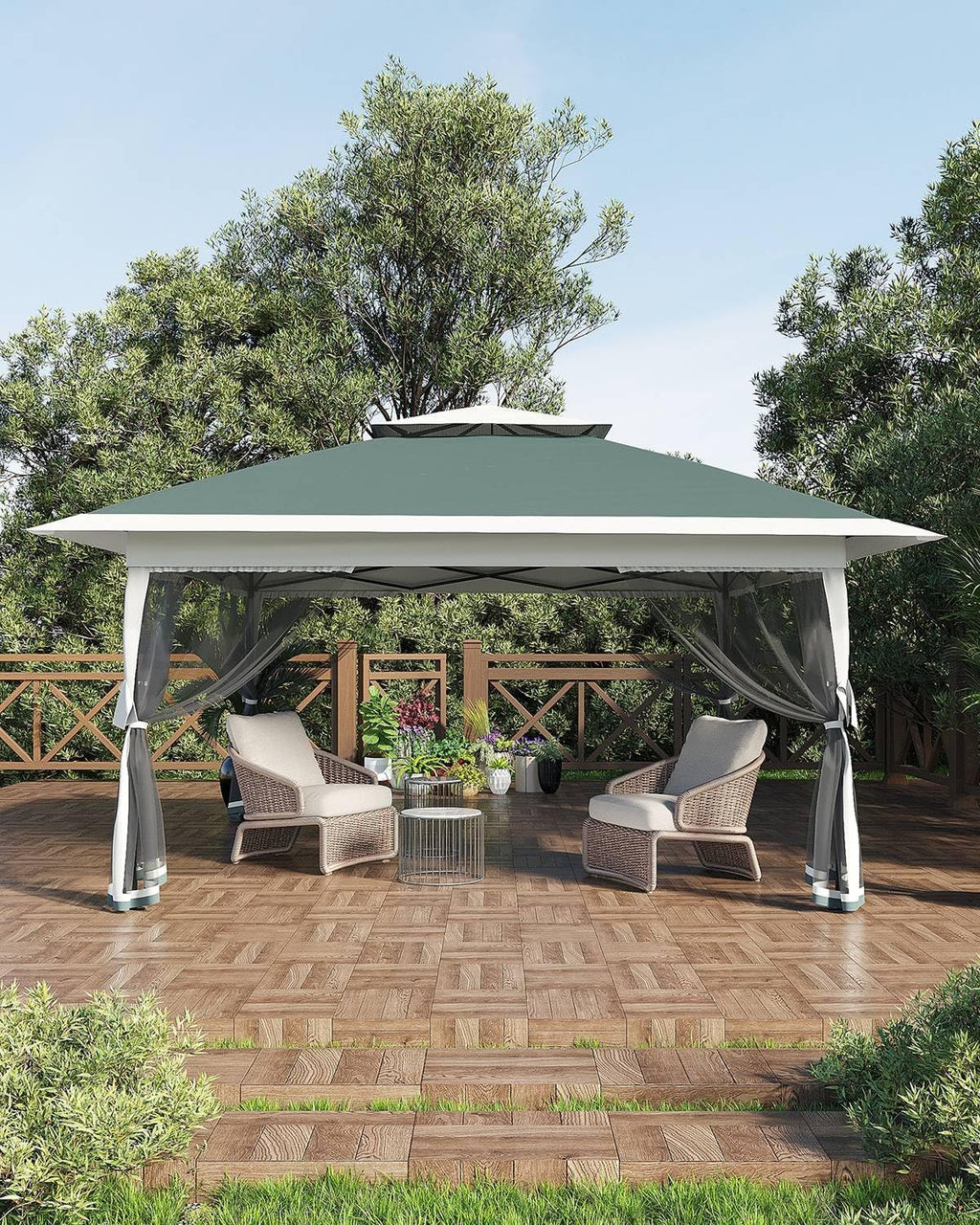 Canopy Tent 13x13, Pop Up Gazebo Tent Easy Setupwith 4 Sand Bags for Backyard Garden Patio, Mosquito Netting & Height Adjustable - Dark Green
