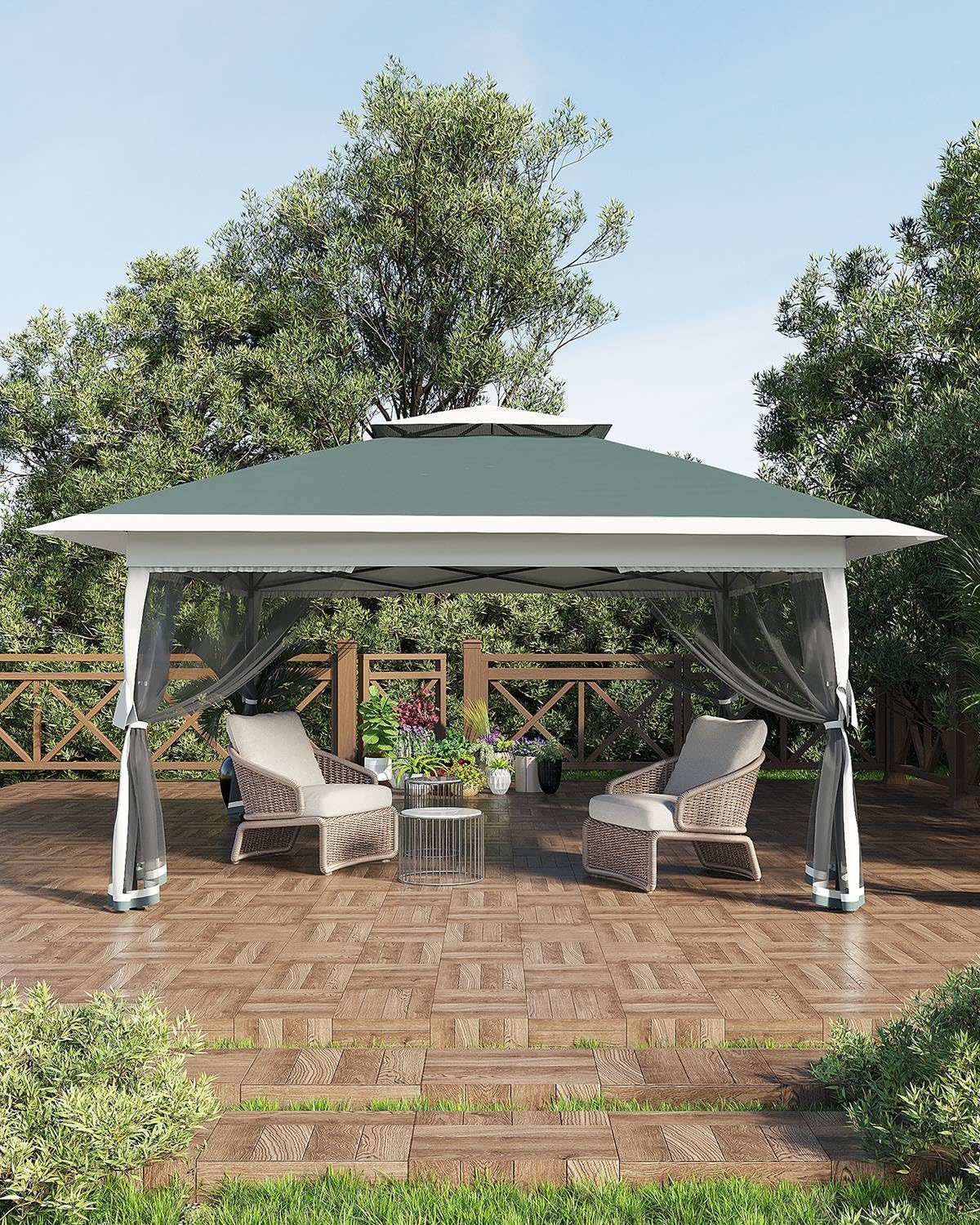 Canopy Tent 13x13, Pop Up Gazebo Tent Easy Setupwith 4 Sand Bags for Backyard Garden Patio, Mosquito Netting & Height Adjustable - Dark Green