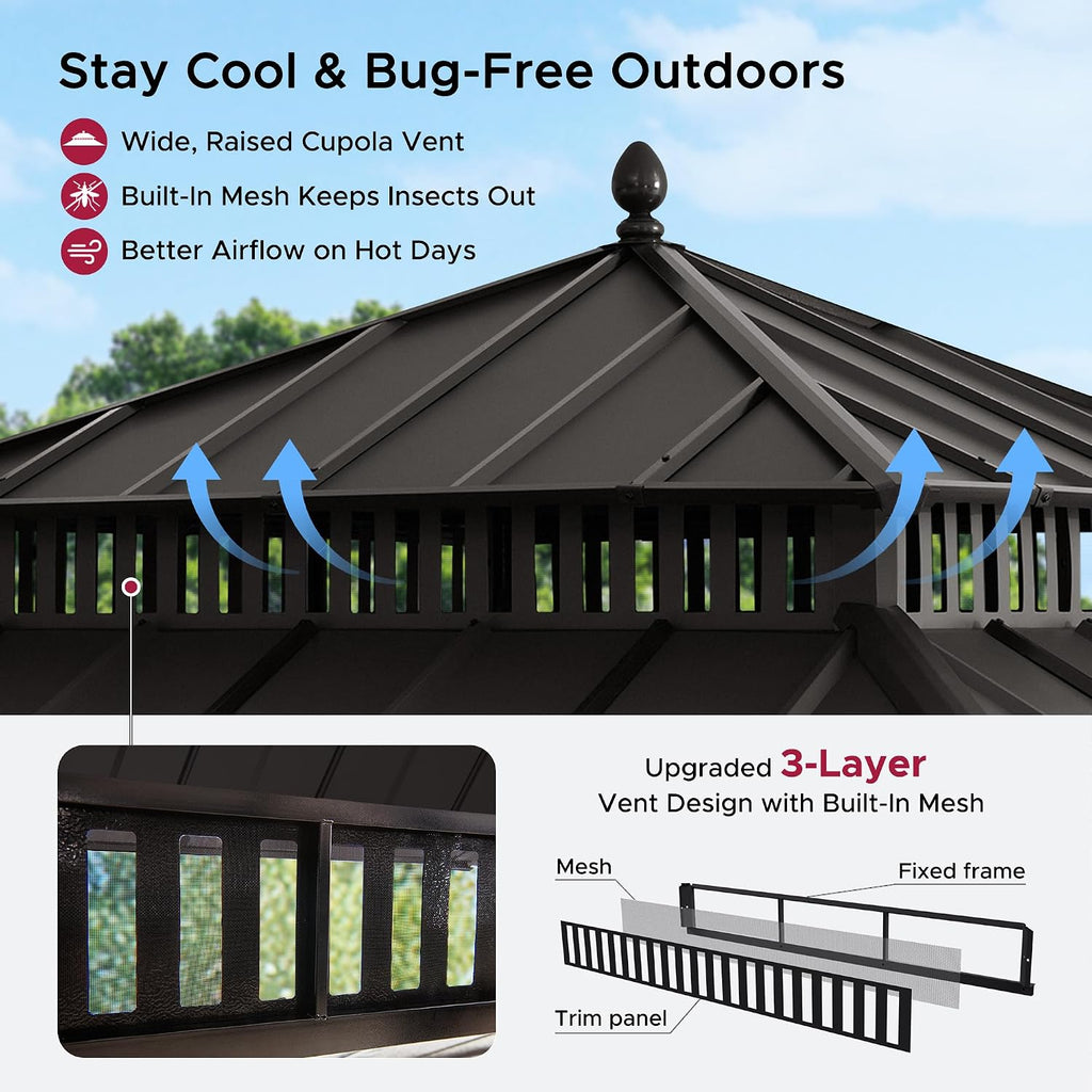 SUNJOY Kingston 12' x 12' Hardtop Gazebo with Galvanized Steel Double Roof, Curtain and Netting, Brown Aluminum Posts Permanent Pavilion Gazebo for Garden, Patio, Deck, Lawn