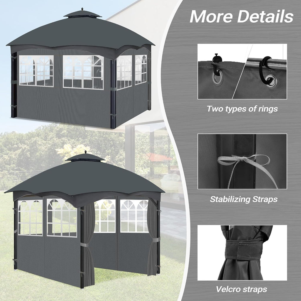 10'x12' Gazebo Curtains Outdoor Waterproof with PVC Windows, 4-Panel Sidewalls Universal Replacement Privacy Curtain, Outdoor Curtains for Patio, Backyard (Grey)