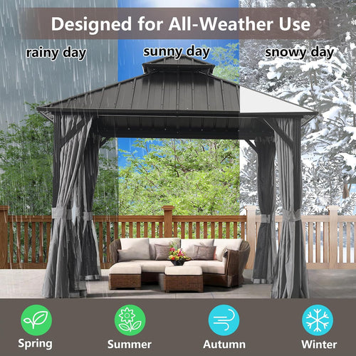 10 * 10FT Gazebo with Galvanized Steel Double Top Canopy, Aluminum Frame Outdoor Permanent Hardtop Gazebo for Patio, Garden, Backyard
