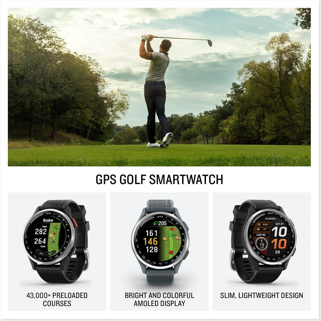 Garmin Approach S44 (Black/Silver) Golf GPS Smartwatch Gift Box Bundle - 1.2' AMOLED Display, On-Course Features & 15H Battery Life with PlayBetter Screen Protectors, Wall Adapter & Hard Case