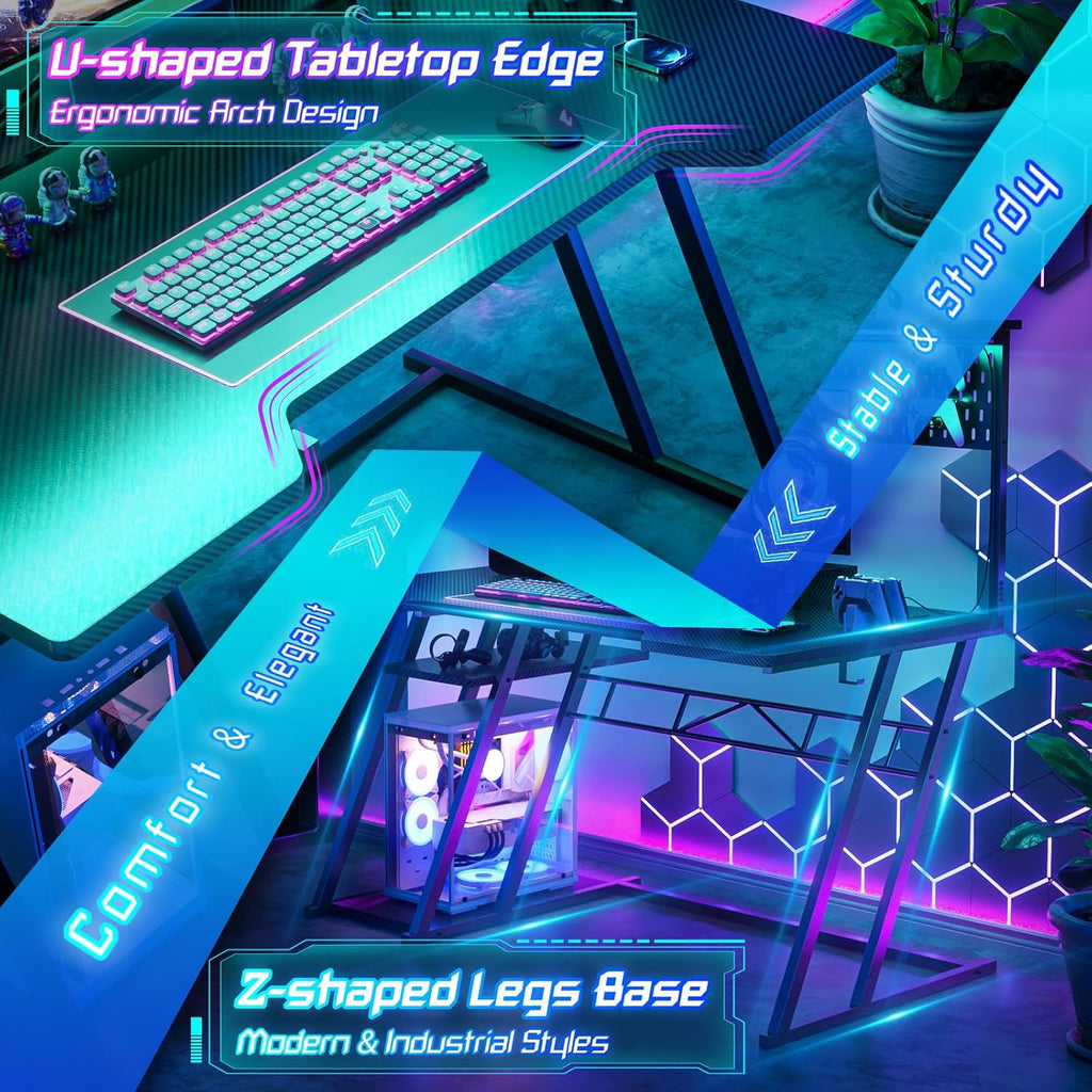 Armocity Gaming Computer Desk with Shelves and Outlets, Gaming Desk with Hutch and LED Lights, Reversible PC Gaming Desks with Pegboard, Carbon Fiber Black 47''