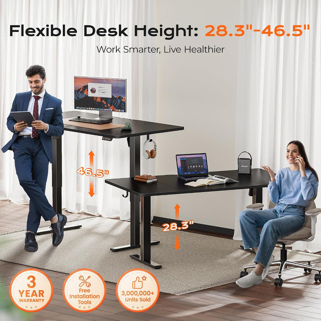 Huuger 63 x 28 Large Electric Standing Desk, Height Adjustable Computer Desk, 27.6' Deep Desktop, Stand up Gaming Office Table with 2 Hooks, 3 Preset Heights, for Home Office, Black