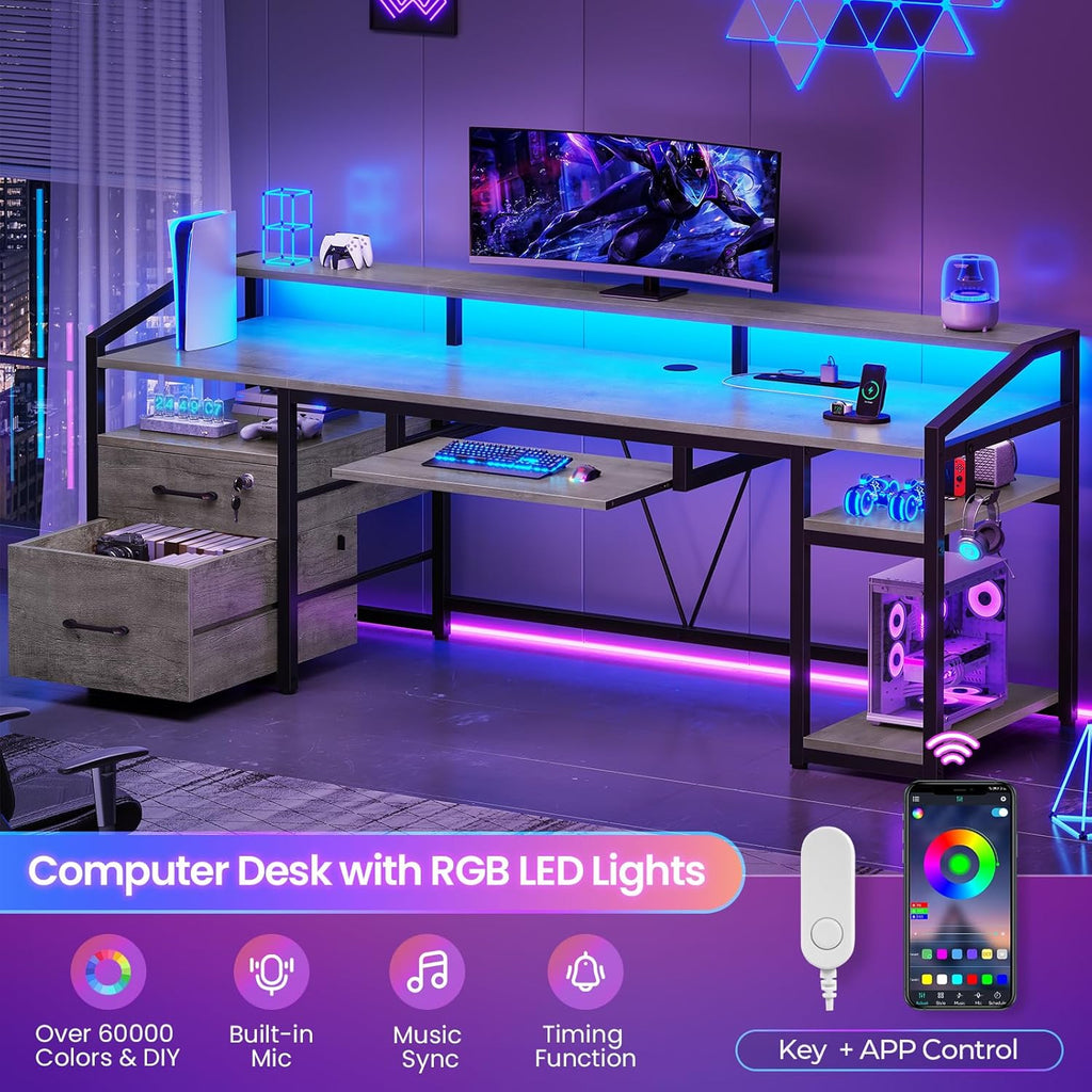 SEDETA 63' Computer Desk, Office Desk with Lockable Drawers for Legal/Letter File, Gaming Desk with LED Lights & Power Outlet, Home Office Desks with Storage, Grey