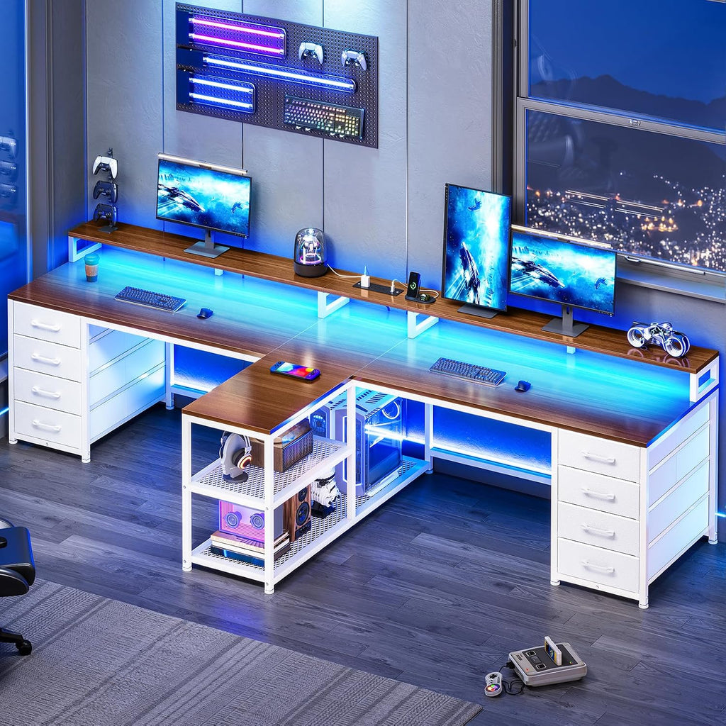 SEDETA 94.5' 2 Person Gaming Desk, Long Office Computer Desk with 8 Drawers & LED Light, Two Person Desk with Storage, Power Strip & Monitor Shelf for Home Office, Brown+White