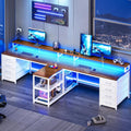 SEDETA 94.5' 2 Person Gaming Desk, Long Office Computer Desk with 8 Drawers & LED Light, Two Person Desk with Storage, Power Strip & Monitor Shelf for Home Office, Brown+White
