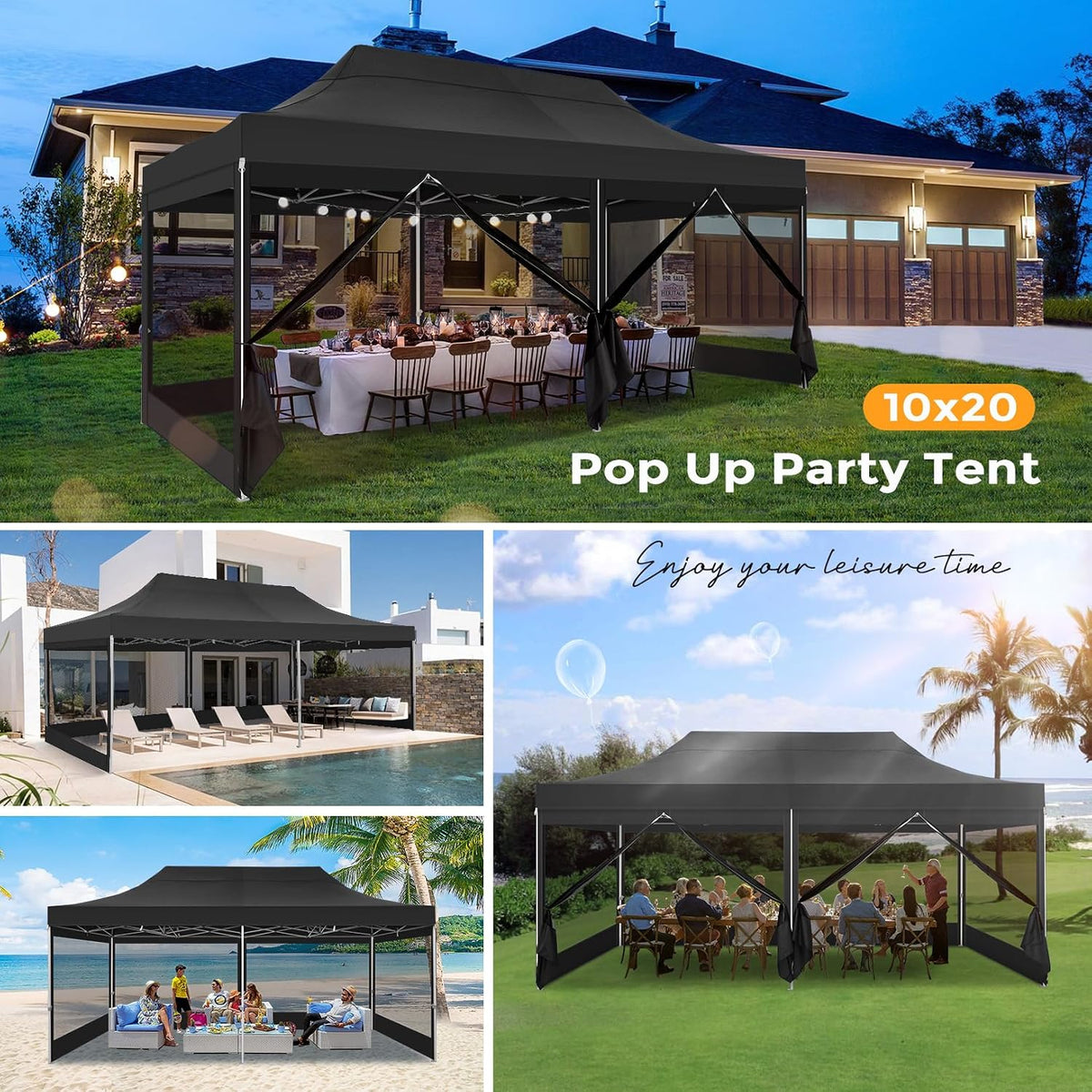COBIZI 10x20 Heavy Duty Pop Up Canopy Tent with 6 Sidewalls, Easy Set Up Outdoor Waterproof Screen Commercial Party Tent with Mosquito Netting for Parties Backyard Patio, Roller Bag, Black