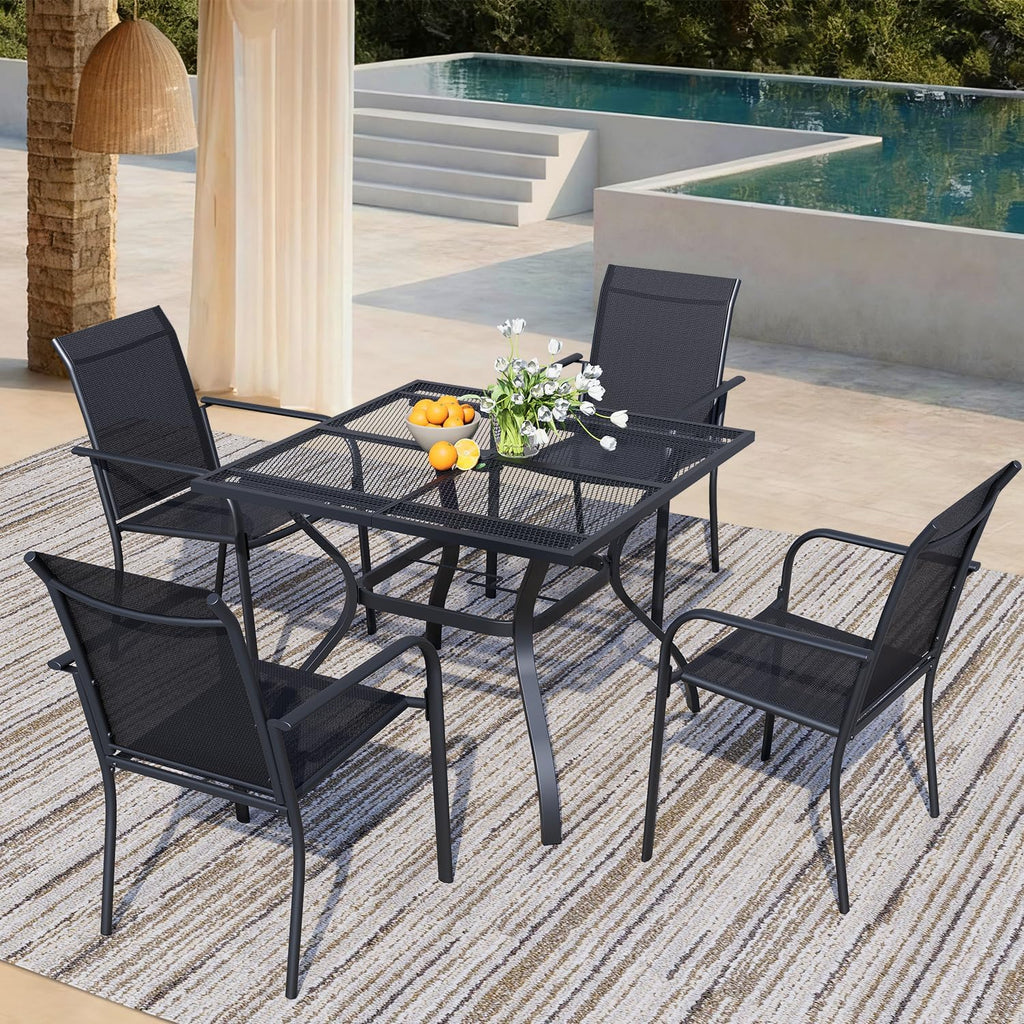 5 Piece Outdoor Dining Set, Patio Table and Chairs Set of 4, 37.5' Black Square Patio Table with 4 Black Stackable Patio Chairs for Lawn, Garden, Porch