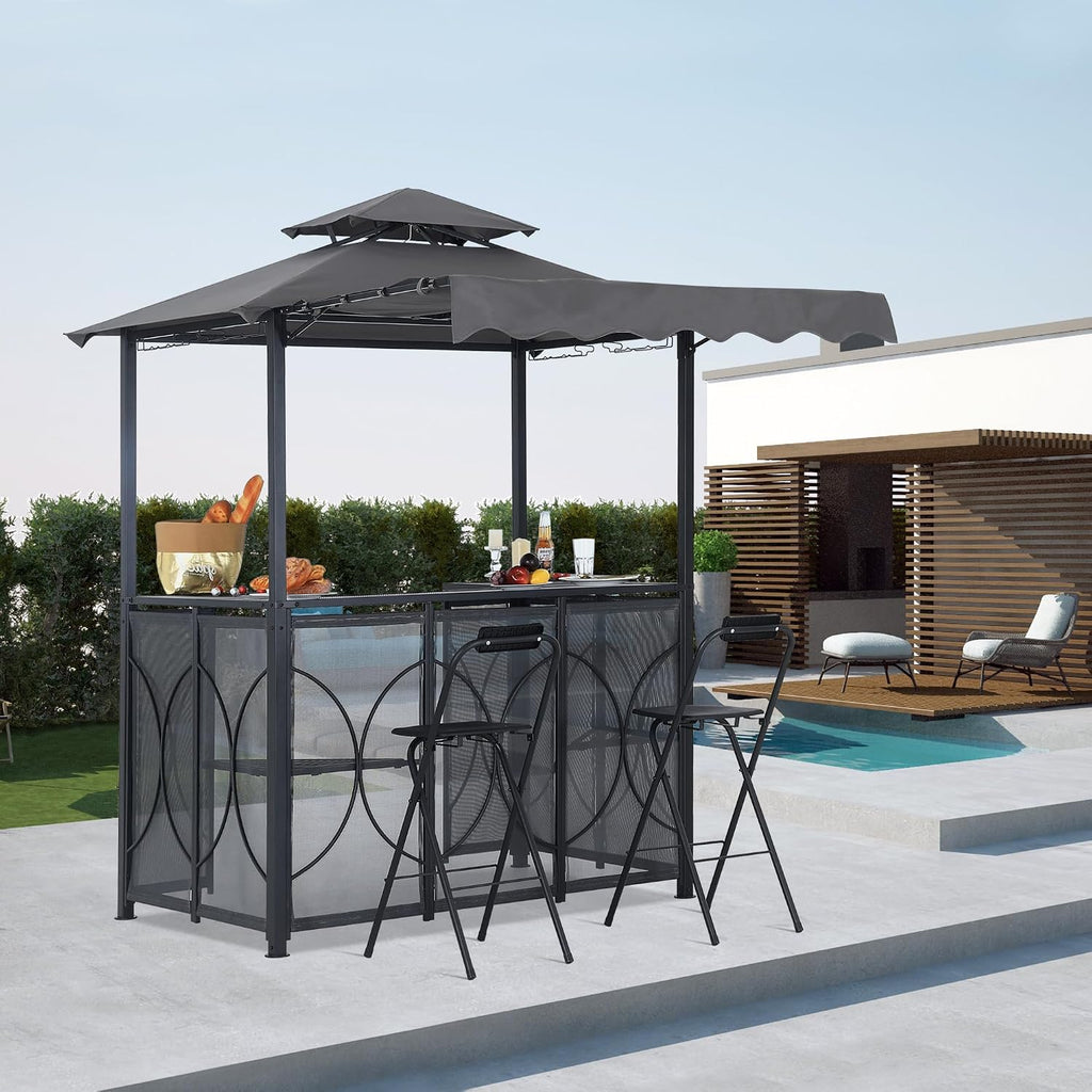 ABCCANOPY Grill Gazebo with Extra Awning - 6.4'x6.8' Outdoor BBQ Canopy with Bar Table and 2 Foldable Chairs, Barbecue with LED Lights for Backyard, Lawn and Patio (Dark Gray)