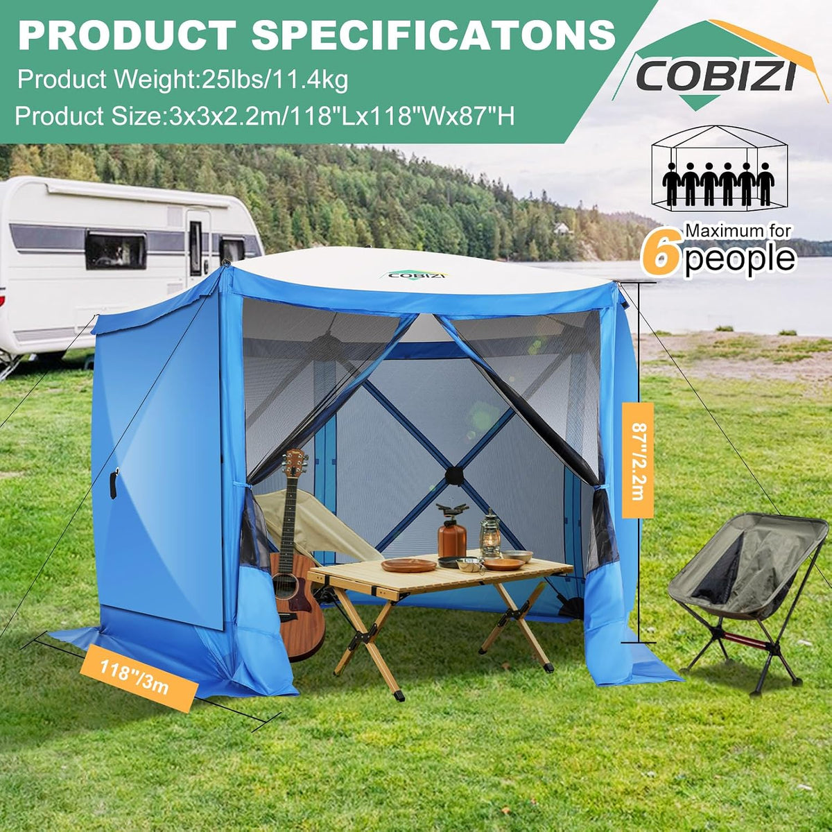 COBIZI 10x10 FT Pop up Gazebo, Popup Canopy Tent,Screened in Gazebos with sidewalls, Waterproof Portable Outdoor Small Screen Tents Sun Shelter,carpas para Patio for Camping, Garden and Backyard,Blue