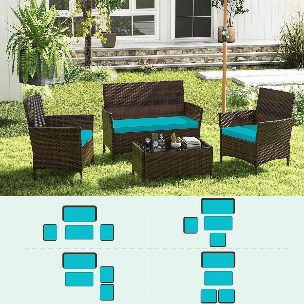 ORALNER 4 Pieces Patio Furniture Set, Rattan Chairs Loveseat with Soft Cushion and Glass Table, Outdoor Wicker Conversation Set for Balcony Garden Backyard Porch Poolside (Turquoise)