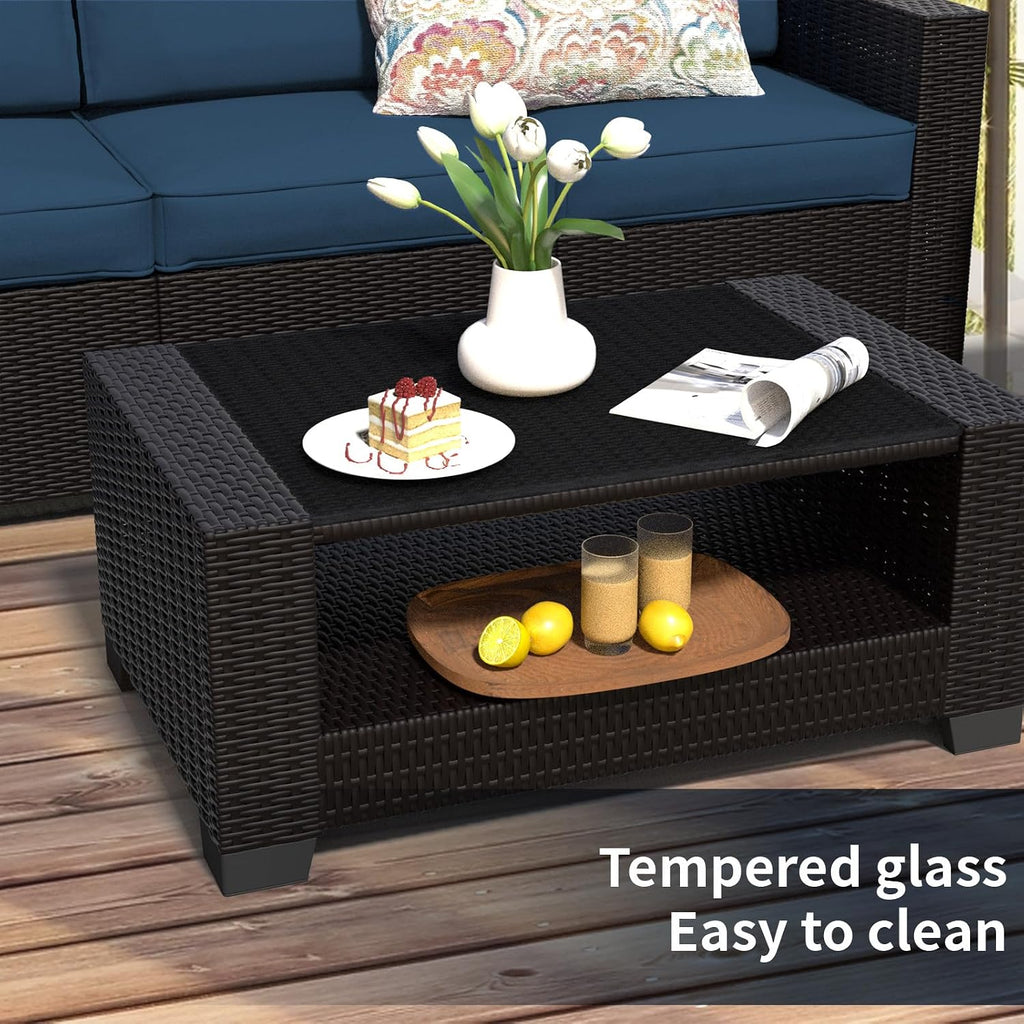 SHGJ&SOFT 7 Piece Patio Furniture Set, Wicker Outdoor Sectional Sofa with Washable Cushion Covers and Tempered Glass Table, Rattan Conversation Set for Poolside