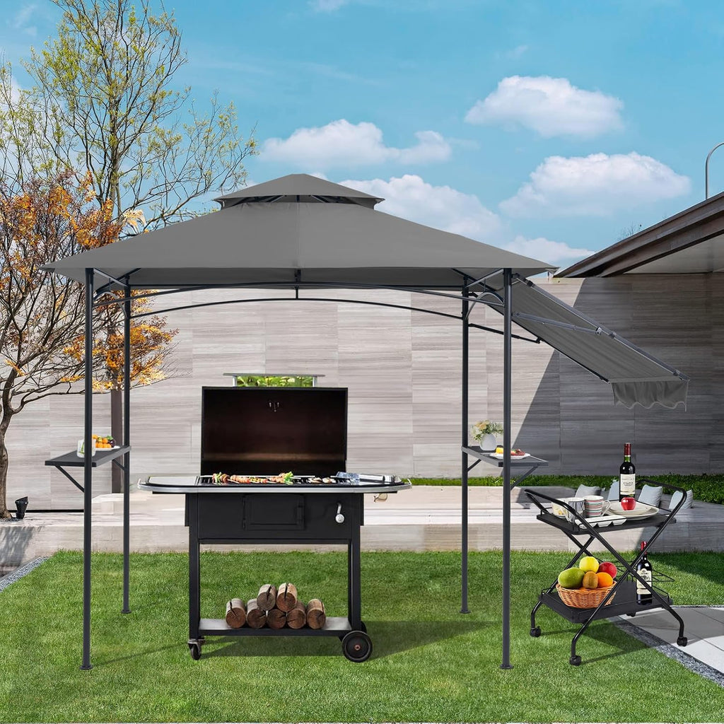 COBANA Grill Gazebo 8'x 5' Outdoor Patio Backyard BBQ Grill Shelter with Side Awning, Double Tiered Soft Canopy Top with Steel Frame and Bar Counters, Gray