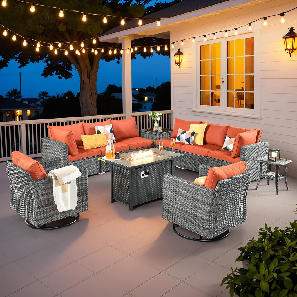 Weaxty 11 Piece Patio Furniture Set with Fire Pit Table, Outdoor Sectional Couch Swivel Rocker Patio Chairs with Coffee Table Wicker Conversation Sets for Balcony Backyard, Orange Red