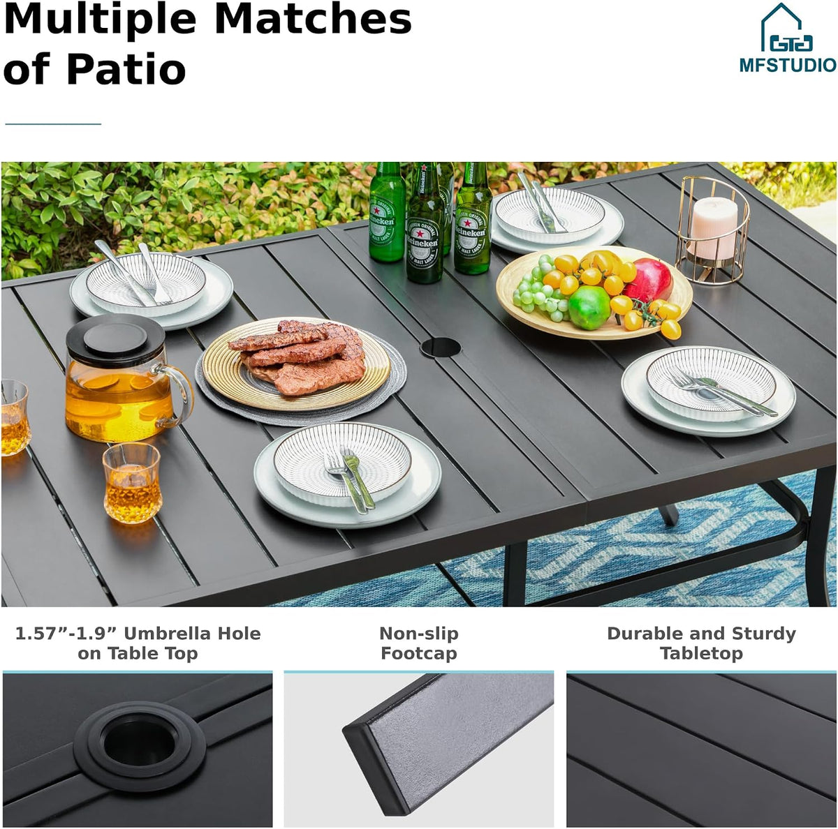 MFSTUDIO Patio Dining Set for 6, Patio Furniture Set with Blue Umbrella (Base not Included), Outdoor Rectangle Table and Swivel Chairs Set for Deck, Backyard, Lawn & Garden