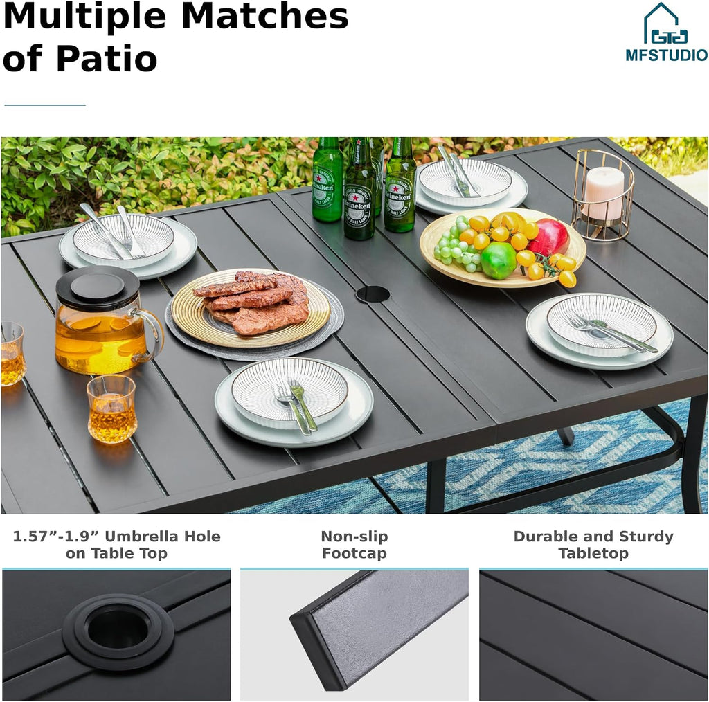 MFSTUDIO Outdoor Dining Set for 6, Patio Furniture Set with Orange Red Umbrella (Base not Included), Rectangle Metal Table and 6 Swivel Chairs for Patio, Deck, Backyard, Garden