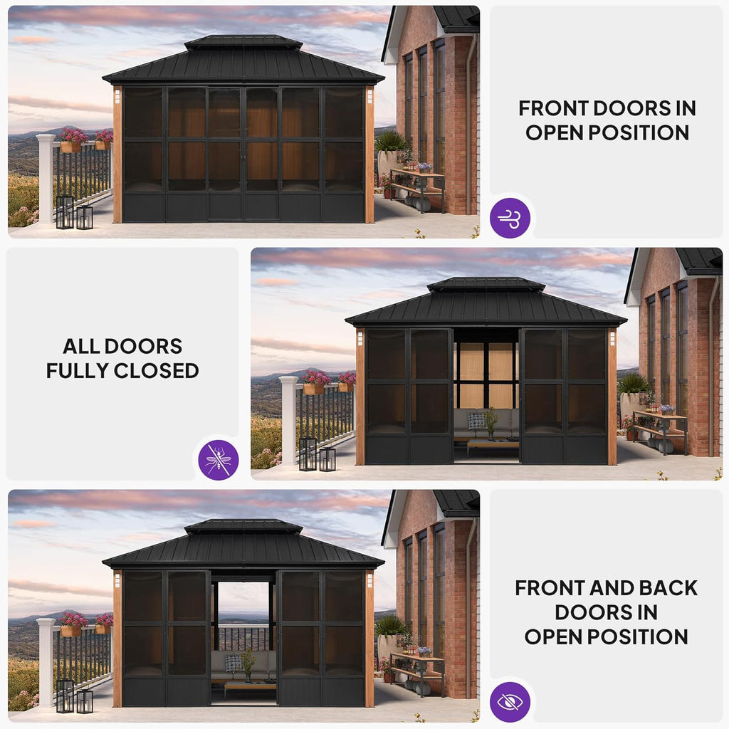 PURPLE LEAF Hardtop Gazebo Sunroom 10' x 13', Enclosed Patio Solarium with Mesh & Removable PC Panels, Magnetic Sliding Doors Outdoor Living Space for Backyard Lounge, Dining & Spa and 24 Solar Lights