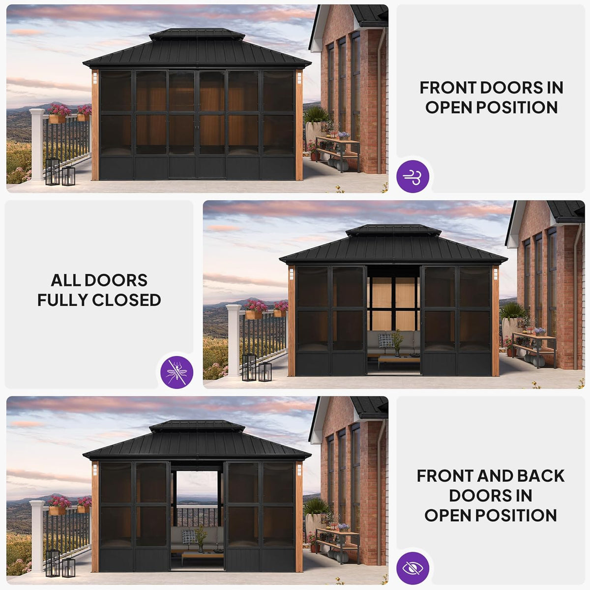PURPLE LEAF Hardtop Gazebo Sunroom 10' x 13', Enclosed Patio Solarium with Mesh & Removable PC Panels, Magnetic Sliding Doors Outdoor Living Space for Backyard Lounge, Dining & Spa and 24 Solar Lights