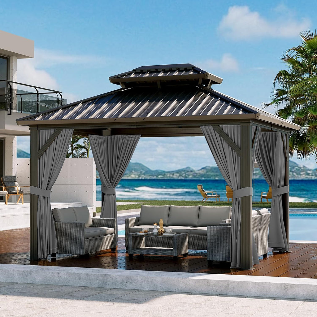 12'x10' Hardtop Gazebo, Heavy Duty Aluminum Permanent Hardtop Gazebo Outdoor Pavilion with Curtains and Netting for Garden