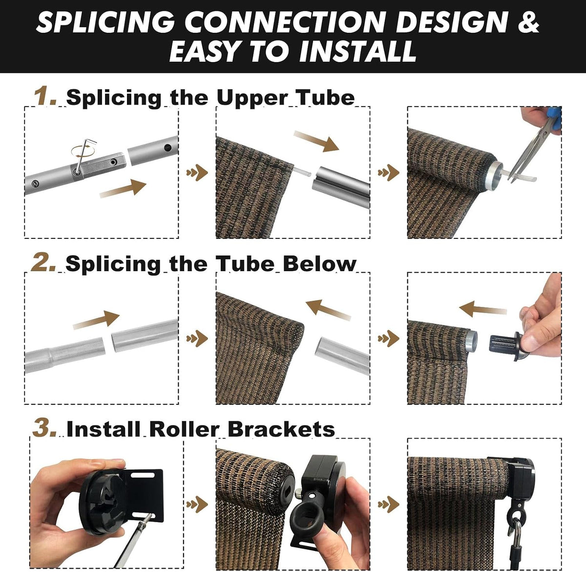 Artpuch Outdoor Roller Shades with Splicing Design, 10' W x 8' H Exterior Cordless Patio Shades Roll Up Blinds for Porch, Gazebo, Pergola, Balcony, Mocha