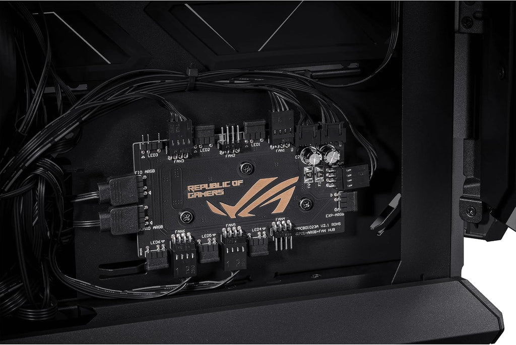 ASUS ROG Hyperion GR701 BTF Edition PC case, ASUS ATX BTF motherboards Support, 420 mm Dual Radiator Support, Four 140 mm Fans, Metal GPU Holder, Component Storage, ARGB Fan hub, 60W Fast Charging