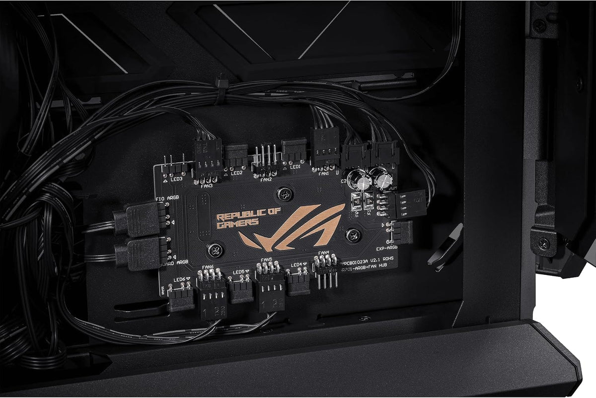 ASUS ROG Hyperion GR701 BTF Edition PC case, ASUS ATX BTF motherboards Support, 420 mm Dual Radiator Support, Four 140 mm Fans, Metal GPU Holder, Component Storage, ARGB Fan hub, 60W Fast Charging