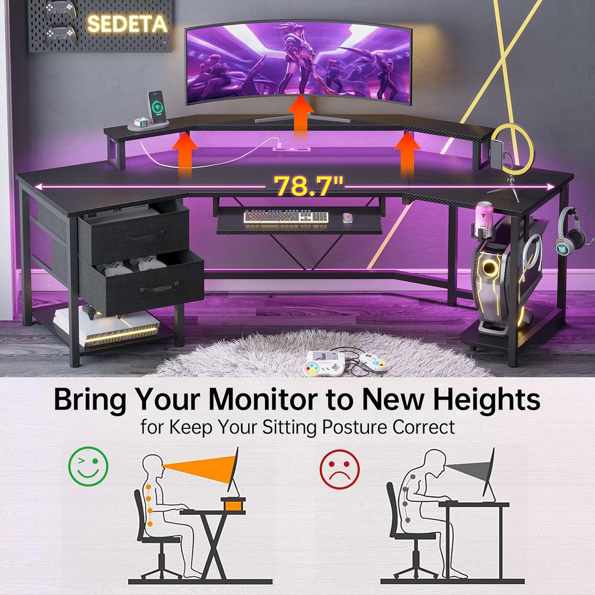 SEDETA 79' Gaming Desk, Computer Desk with 2 Fabric Drawers & LED Light, L Shaped Gaming Desk with Storage Shelf for Home Office, Carbon Fiber Black