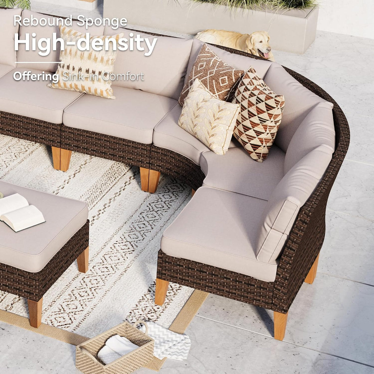 GREEN PARTY 7 Pieces Wicker Patio Furniture Set with 56' Fire Pit Table, All-Weather Outdoor Rattan Patio Half-Moon Curved Sectional Sofa Conversation Set for Garden, Backyard
