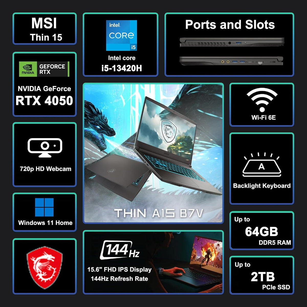 msi Thin 15 Gaming Laptop 15.6' FHD IPS 144Hz Intel Octa core i5-13420H (Beats i7-12650H) 16GB RAM 1TB SSD GeForce RTX 4050 Backlit Type-C Wi-Fi6E Win11 ICP Hub