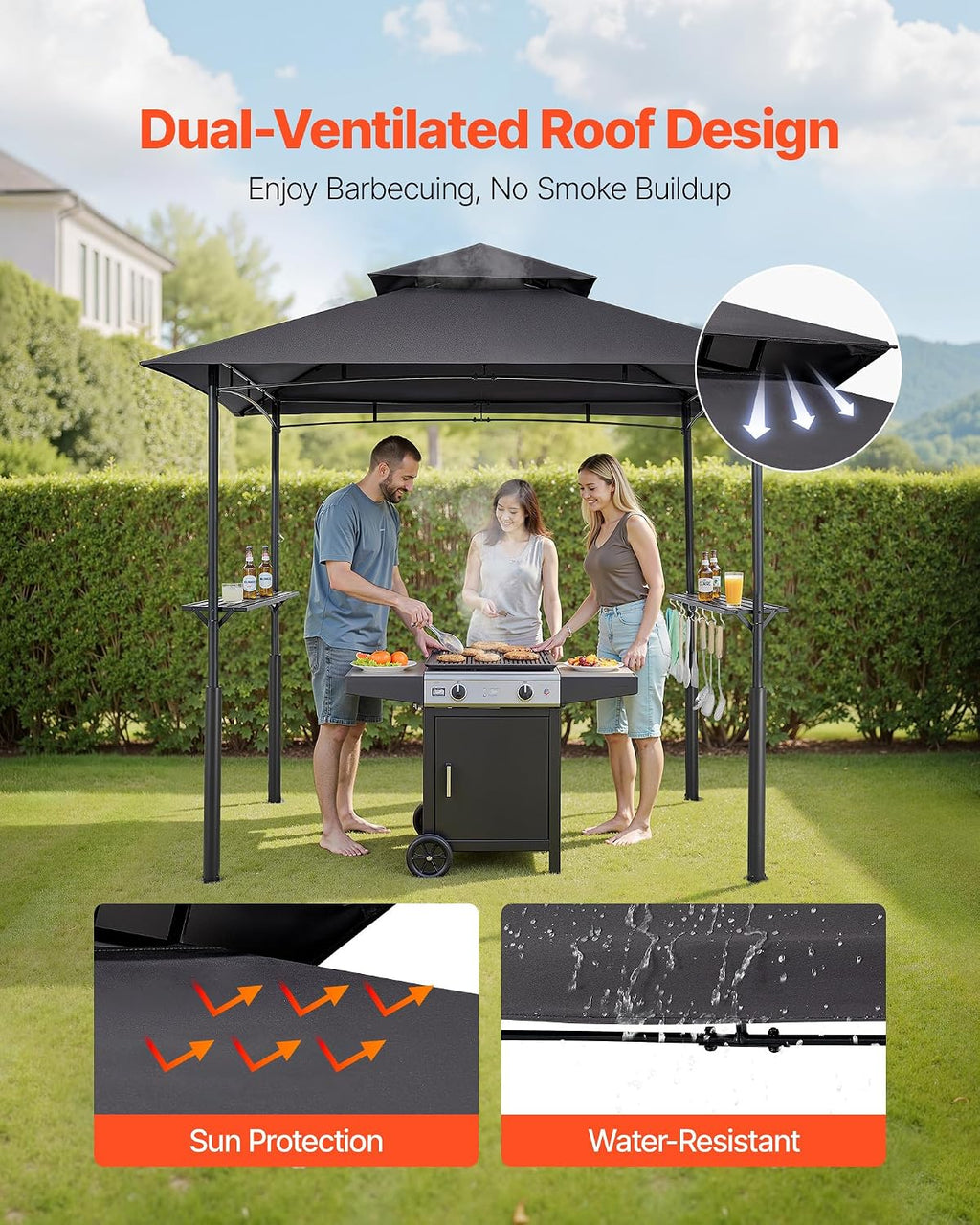 VEVOR Grill Gazebo, 8 x 5 ft Reinforced Outdoor BBQ Gazebo with Double-Tiered Roof, Powder-Coated Steel Patio Grill Shelter with 2 Side Shelves & 8 Hooks, Grilling Canopy for Patio Backyard Garden