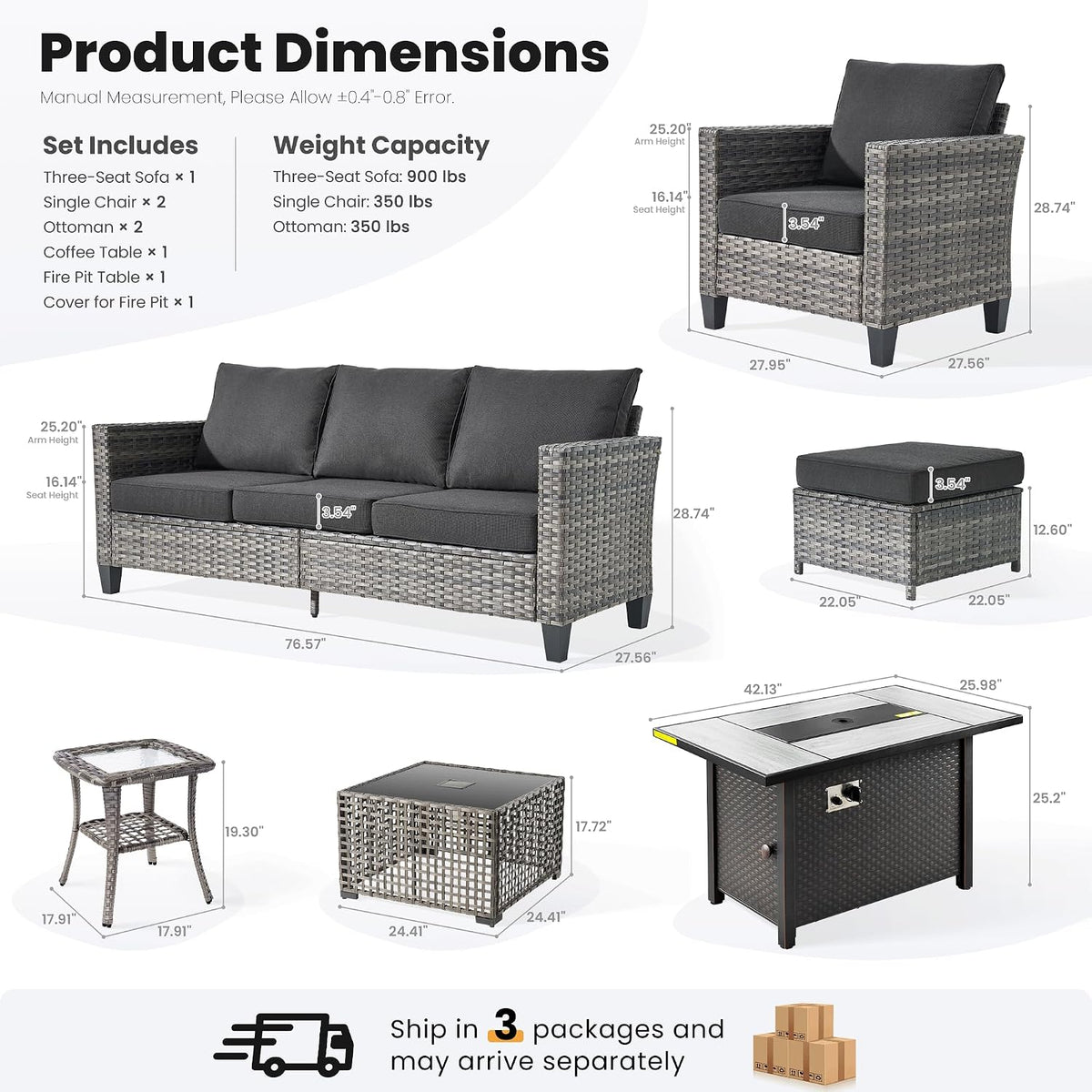 ovios 7 Pieces Patio Furniture Set with 42' Fire Pit Table, Outdoor Sofa Couch with Solar Lights Table Comfy Cushions, Modern Deep Seat Wicker Rattan Conversation Set, Black