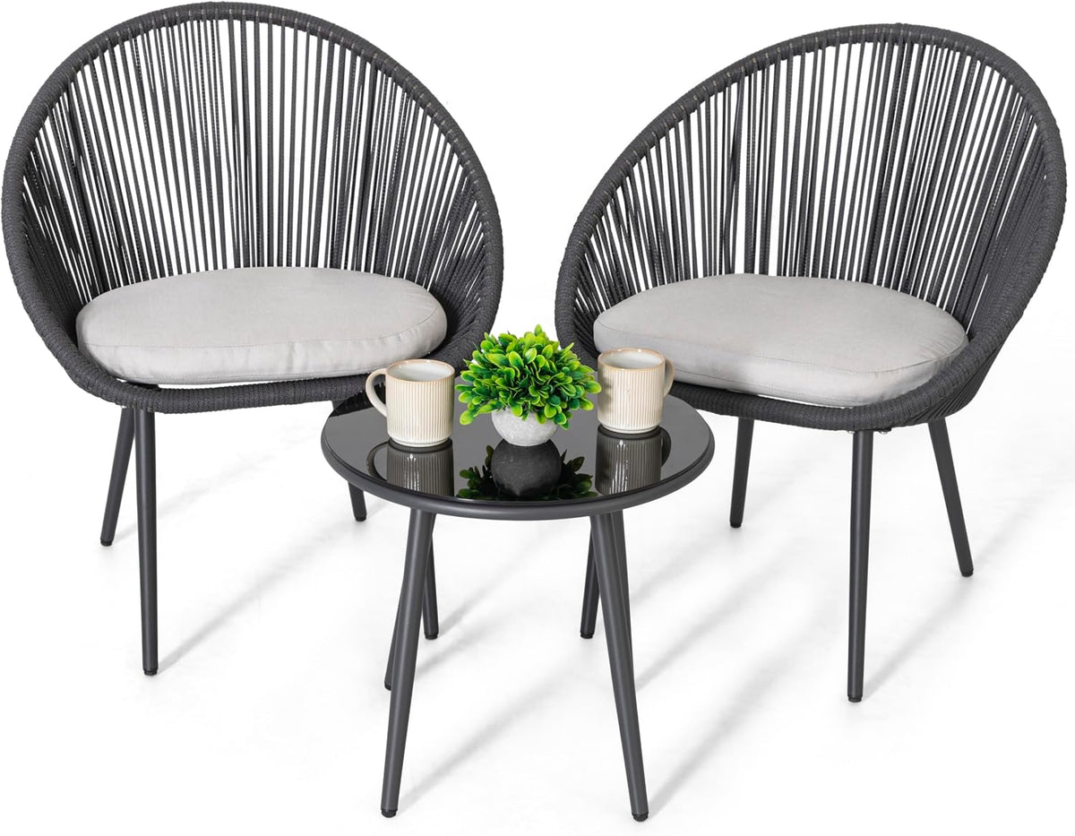 NUU GARDEN 3 Piece Outdoor Bistro Set, Woven Rope Conversation Patio Set, All Weather Patio Furniture Chairs and Table with Cushions for Garden, Deck, Backyard, Balcony, Porch, Dark Gray