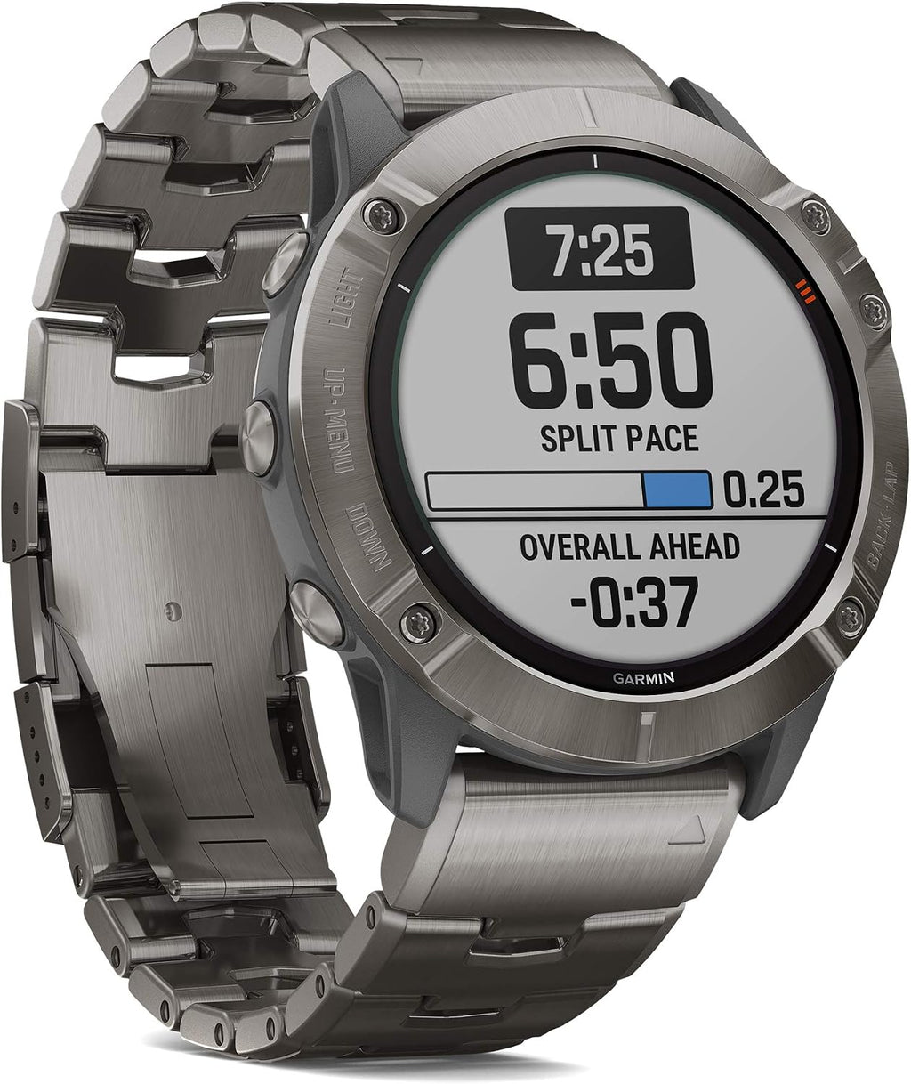 Garmin Fenix 6X Pro Solar, Premium Multisport GPS Watch with Solar Charging Capabilities, Features Mapping, Music, Grade-Adjusted Pace Guidance and Pulse Ox Sensors, Titanium