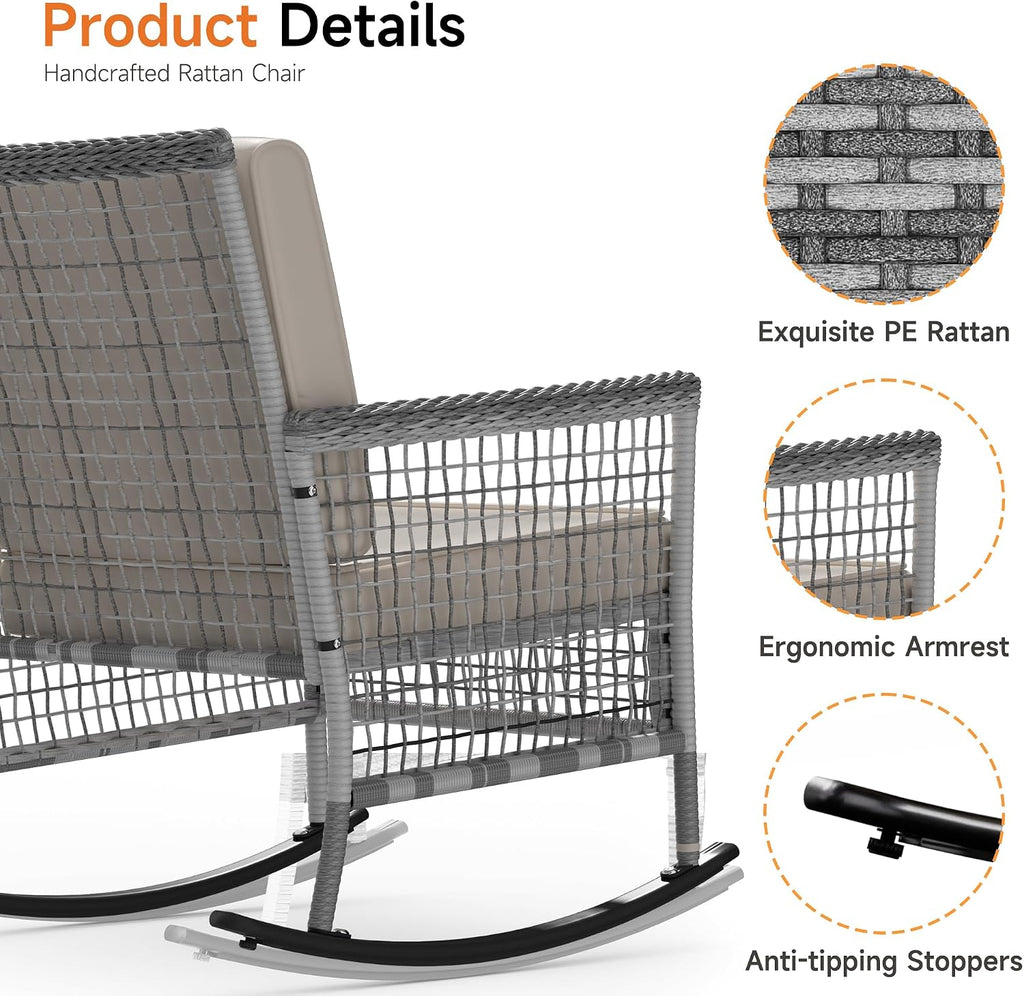 DECMICO 3 Pcs Outdoor Rocking Chair, Wicker Rocking Bistro Set with Washable Cushions, Rattan Rocking Chairs with Multi-Functional Table, Outdoor Wicker Chair for Backyard Garden Porch Poolside