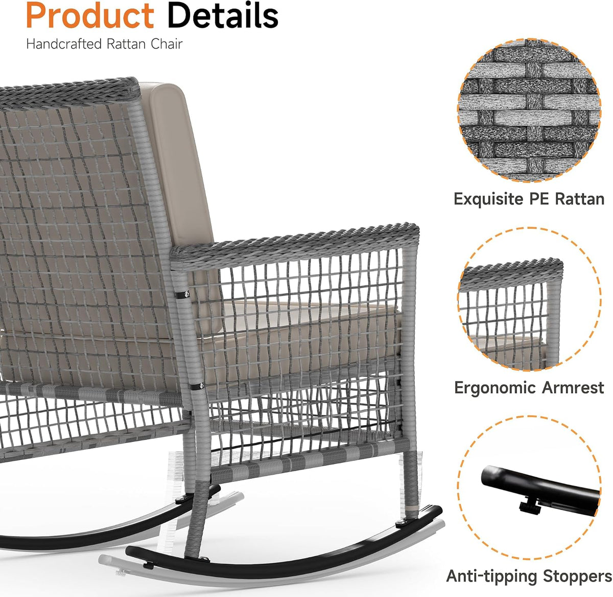 DECMICO 3 Pcs Outdoor Rocking Chair, Wicker Rocking Bistro Set with Washable Cushions, Rattan Rocking Chairs with Multi-Functional Table, Outdoor Wicker Chair for Backyard Garden Porch Poolside