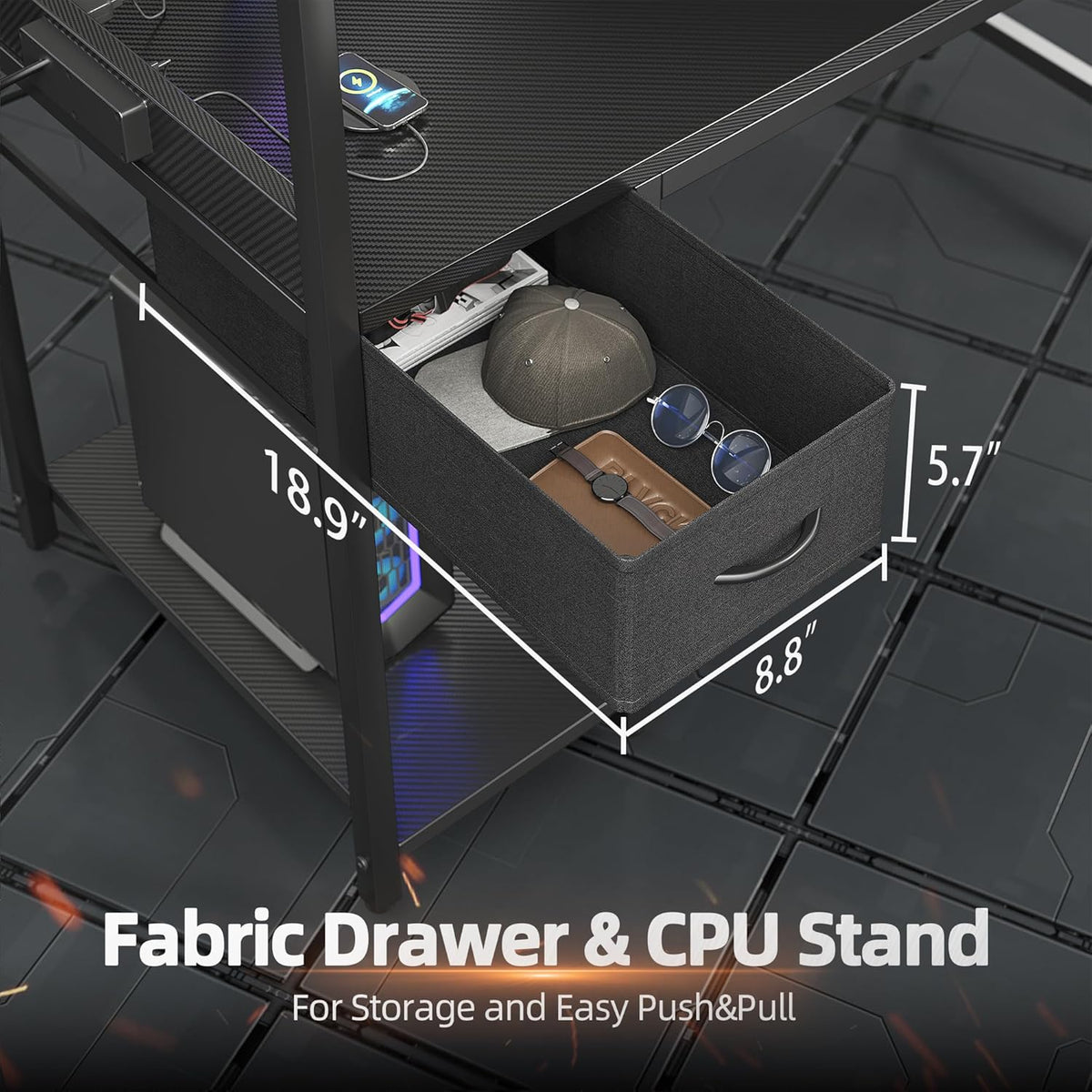 TIQLAB Gaming Desk 47 inch with Power Outlet and LED Light, Computer Desk with Reversible Shelves and Storage Drawer, Small PC Desk for Home Office Table with Bag, Carbon Fiber Black