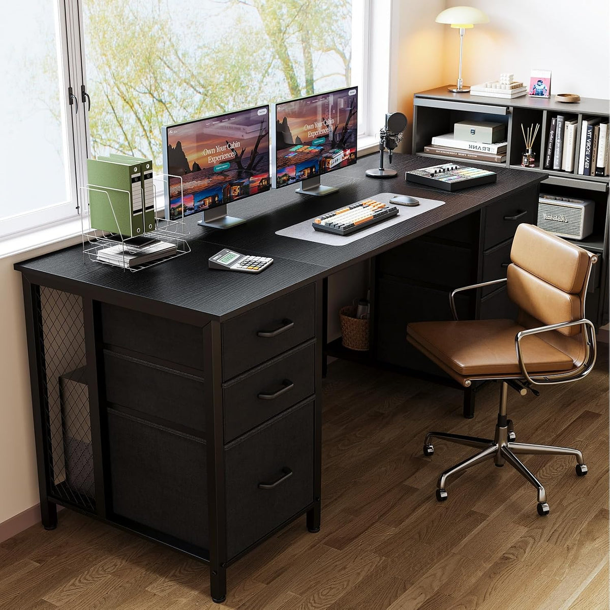 ODK 63 Inch Office Desk with 6 Fabric Drawers, Large Computer Desk for Home Office with Hidden Storage Shelves, Black