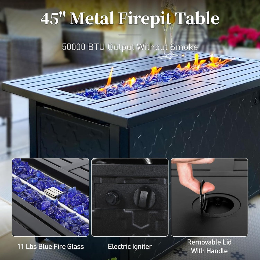 SUNSHINE VALLEY Patio Furniture Set with Firepit Table, Metal Outdoor Patio Furniture, 2 Rocking Chairs, 3 Seater Sofa, 2 Ottomans with 5.75' Extra Thick Cushion and Gas Firepit Table for Backyard