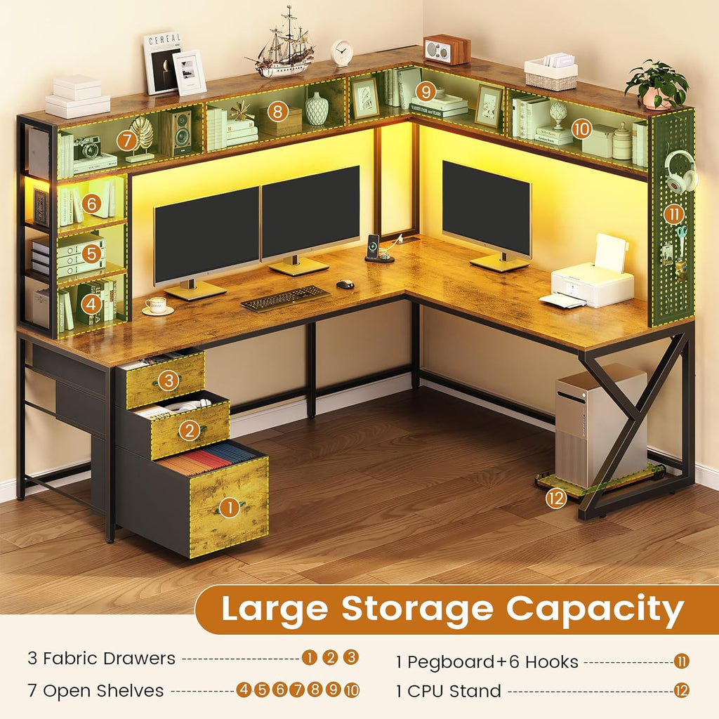 SEDETA L Shaped Desk with Hutch and 3 Drawers, Convertible 94.5' Computer Desk with File Drawer, L Shaped Office Desk with Power Outlet, LED Lights, Storage and Pegboard for Home Office, Brown