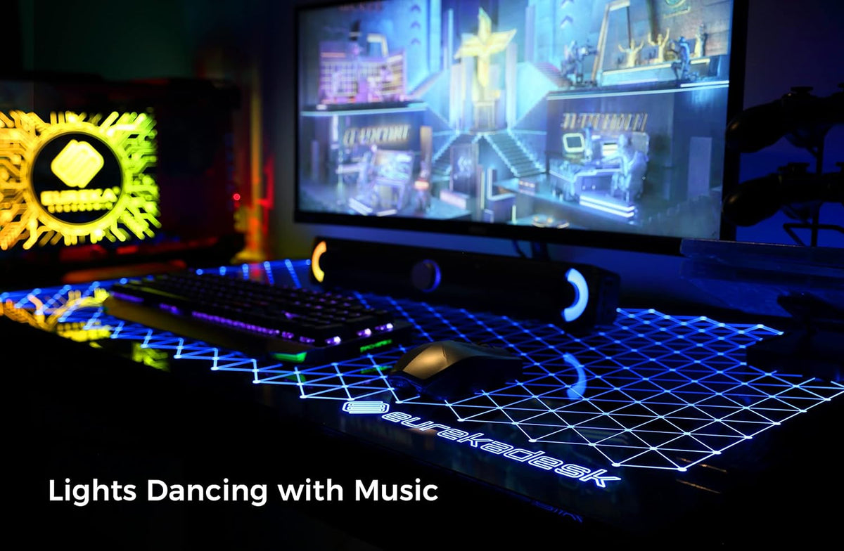 EUREKA ERGONOMIC RGB LED Gaming Desk, Music Sync Lights Up Tempered Glass Desktop, 43' GTG I43 Home Office Computer Table W Controller Rack 4 USB Charging Ports, APP Control