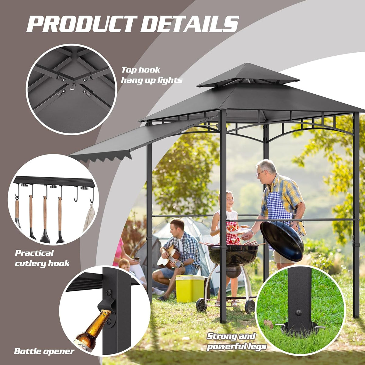8'X8' Grill Gazebo Canopy - Heavy Duty Steel Frame, Double Tiered Grill Canopy for Outdoor Grill W/Shelves, Ceiling Hooks and Ground Stakes, Outdoor Patio Canopys Tent BBQ Gazebo Backyard(Grey)
