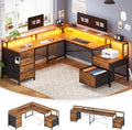 SEDETA L Shaped Desk with 6 Drawer, 108' Home Office Desk with File Drawer & Power Outlet, Corner Computer Desk with Monitor Shelf, Two Person Desk, Gaming Desk with Led Lights, Rustic Brown