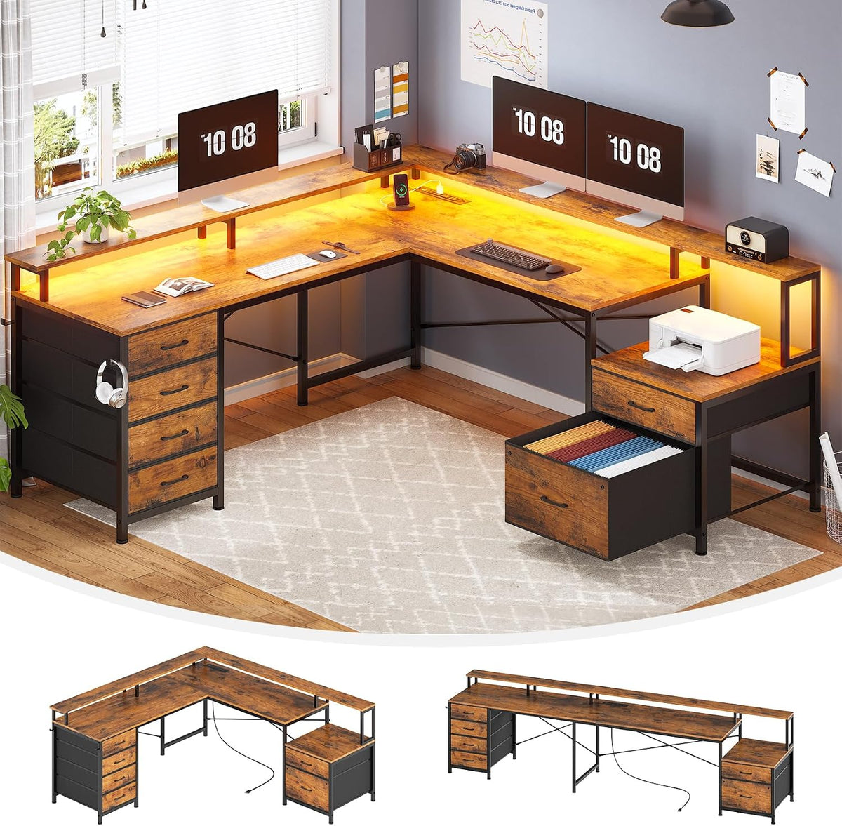SEDETA L Shaped Desk with 6 Drawer, 108' Home Office Desk with File Drawer & Power Outlet, Corner Computer Desk with Monitor Shelf, Two Person Desk, Gaming Desk with Led Lights, Rustic Brown
