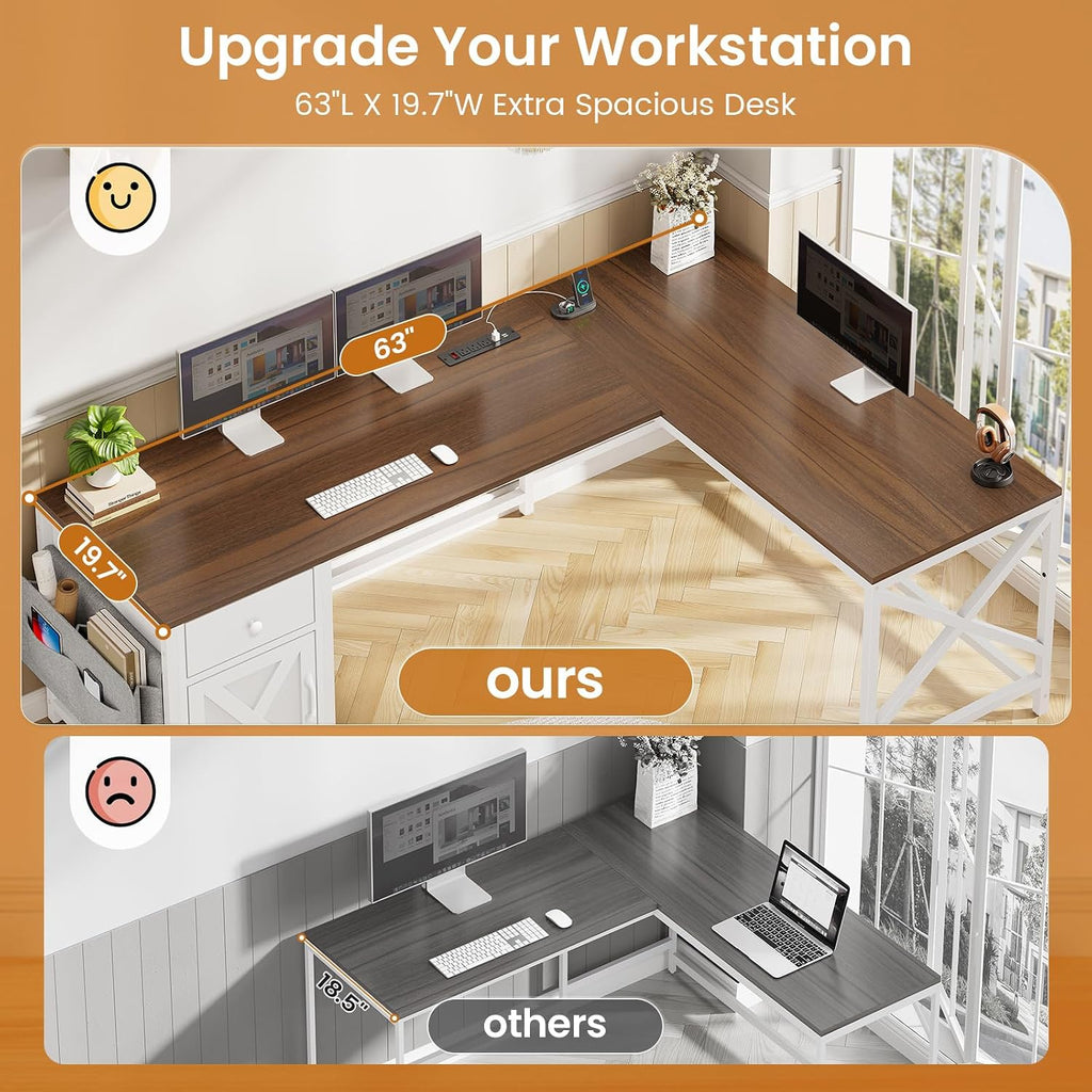 SEDETA 63' L Shaped Desk, Convertible Corner Office Desk with Drawer, Farmhouse Computer Desk with Power Strip & Storage Cabinet for Home Office, Brown & White