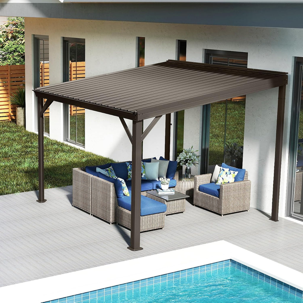 8x8FT Lean to Gazebo, Outdoor Hardtop Wall Mounted Gazebo with Gutter & Sloping Galvanized Steel Roof, Metal Hard Top Awnings for Deck, Porch, Backyard- Brown